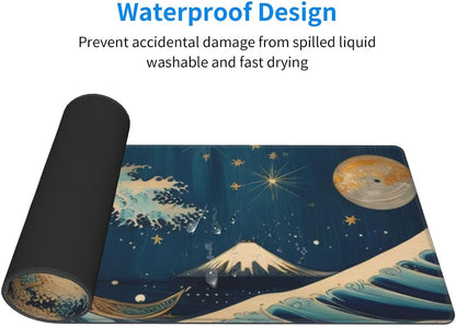 Gaming Mouse Pad, Large Non-Slip Rubber Base Mousepad, Keyboard Mouse Mat, Desk Pad with Stitched Edges, 31.5x11.8inch, Wave Moon