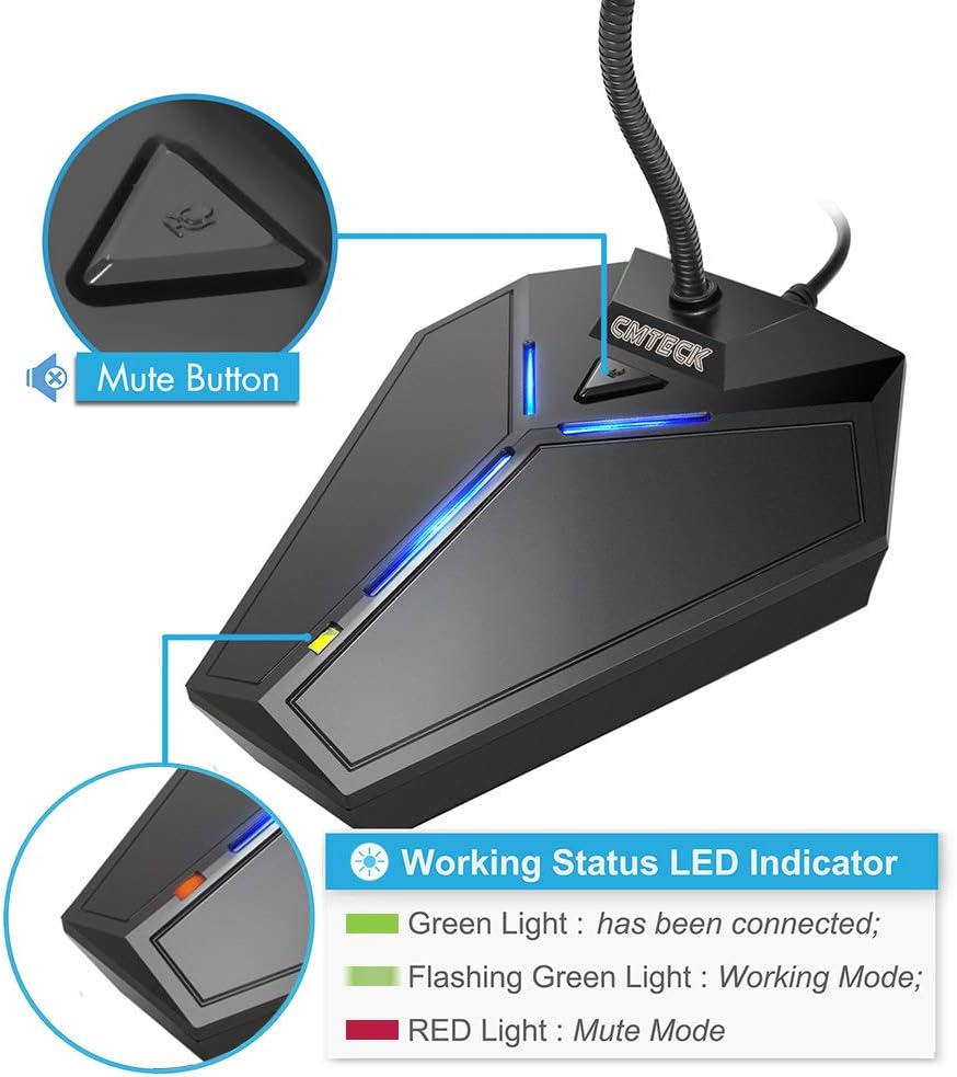 USB Computer Microphone, Plug &Play Desktop Omnidirectional Condenser PC Laptop Mic, Mute Button with LED Indicator, Compatible with Windows/Mac, Ideal for YouTube, Skype, Recording, Games(1.8m /6ft)