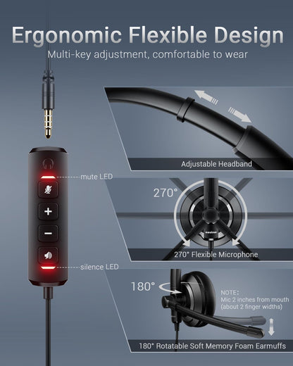 Computer USB Headset with Microphone for PC - Headphones with Noise Cancelling Microphone On Ear Wired Headset Mic Mute for WFH Call Center Office Online Class Skype Zoom