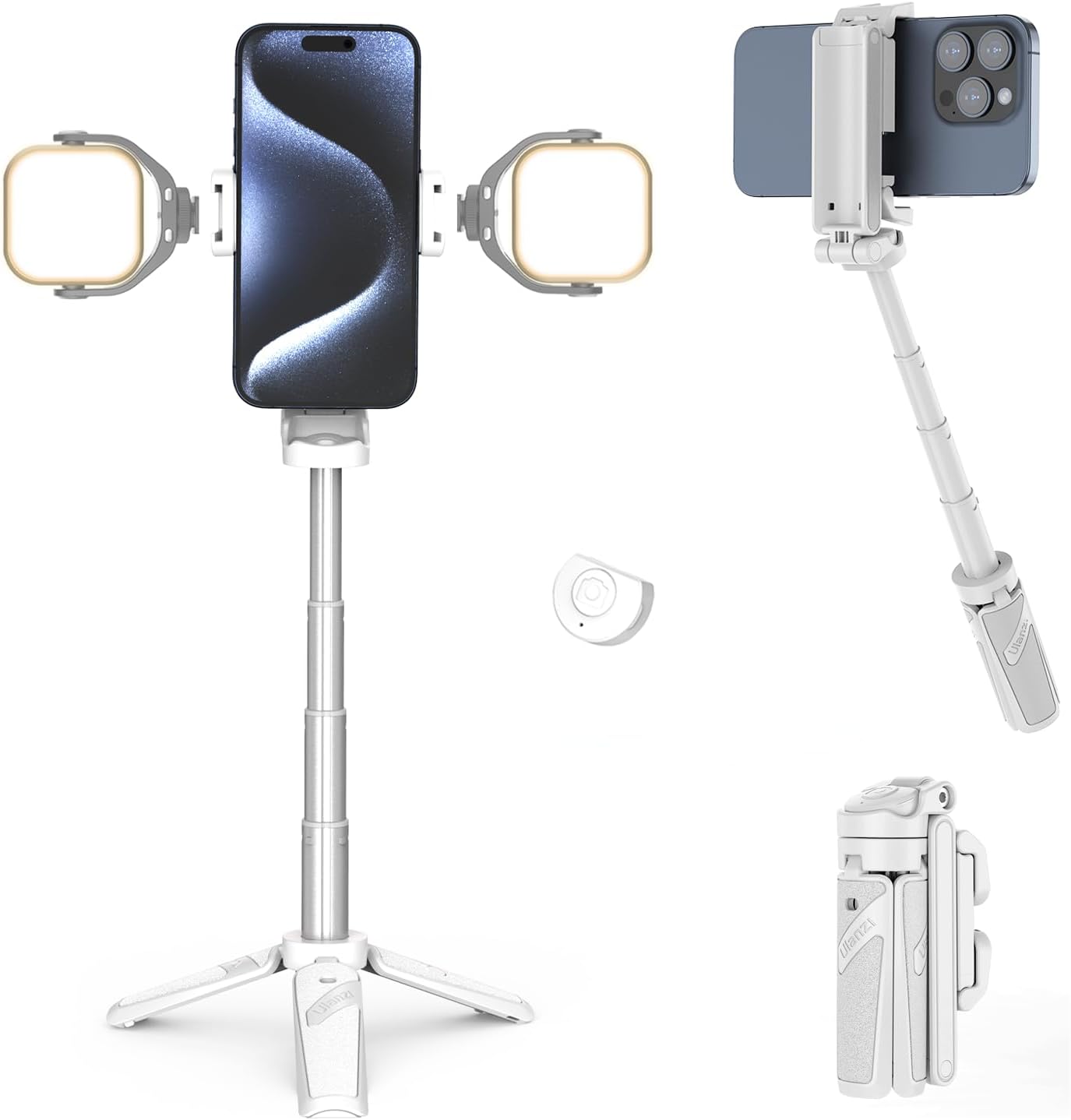 ULANZI JJ02 Selfie Stick Tripod, Extendable Grip Phone Tripod w Detachable Remote Pocket Size, 3-in-1 Mini Phone Grip 2 Cold Shoe, 10m/393.7'' Wireless Shutter, Vlog Livestreaming Photography(White)