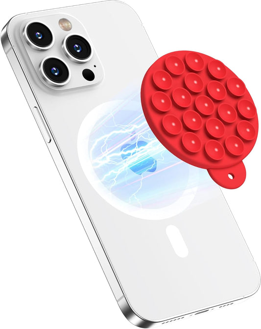 Magnetic Suction Cup Phone Mount for MagSafe Case, Silicone Hands-Free Phone Grip Holder for iPhone and Android, Mirror Shower Phone Stand for Makeup FaceTime Gym Kitchen Bathroom, Red