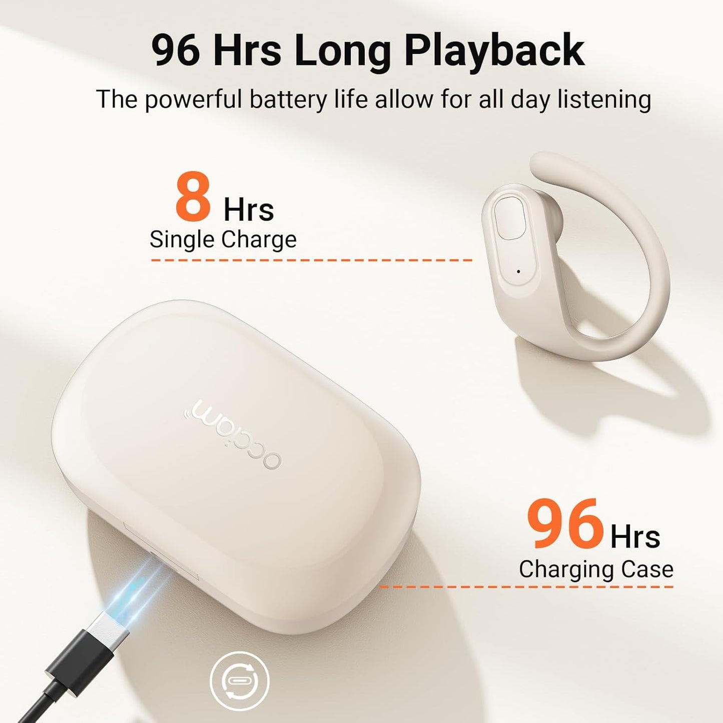 occiam Wireless Earbuds Bluetooth Headphones Ear Buds 96Hrs Playback Sport Over-Ear Waterproof Wireless Headphones Earphones with Earhooks ENC Mics Clear Call for Sport Running Workout (Ivory)