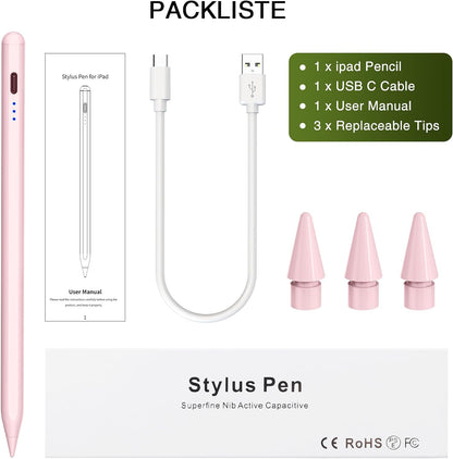 Pen for iPad 2018-2025, HATOKU 15 Mins Fast Charging Pencil 1st Gen with Tilt & Palm Rejection Compatible with iPad Air 3/4/5/M2/M3, iPad mini 5/6, iPad 6/7/8/9/10/11, iPad Pro 11"/12.9"/M4 (Pink)