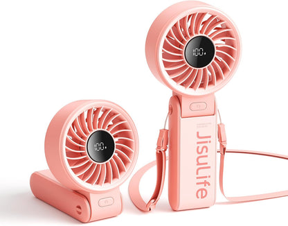 JISULIFE Handheld Fan Life7 – Ultimate Flexibility: High-Power Motor, LED Display, 19.5 Hrs Cooling, 5000mAh Rechargeable, 5-Speed, Foldable Design, 3-IN-1 Portable Fan for Travel Cruise Beach(Pink)