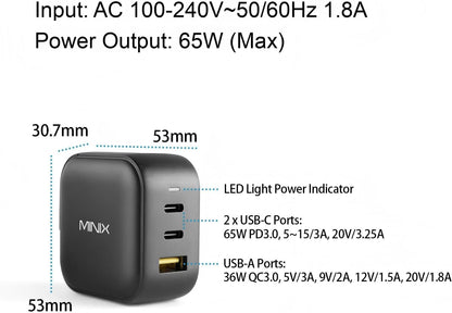 MINIX 66W Turbo 3-Port GaN Wall Charger 2 x USB-C Fast Charging Adapter, 1 x USB-A Quick Charge 3.0, Compatible with MacBook Pro Air, iPad Pro, iPhone 16/15/13/12/11, Galaxy S9 S8 and More (NEO P1)