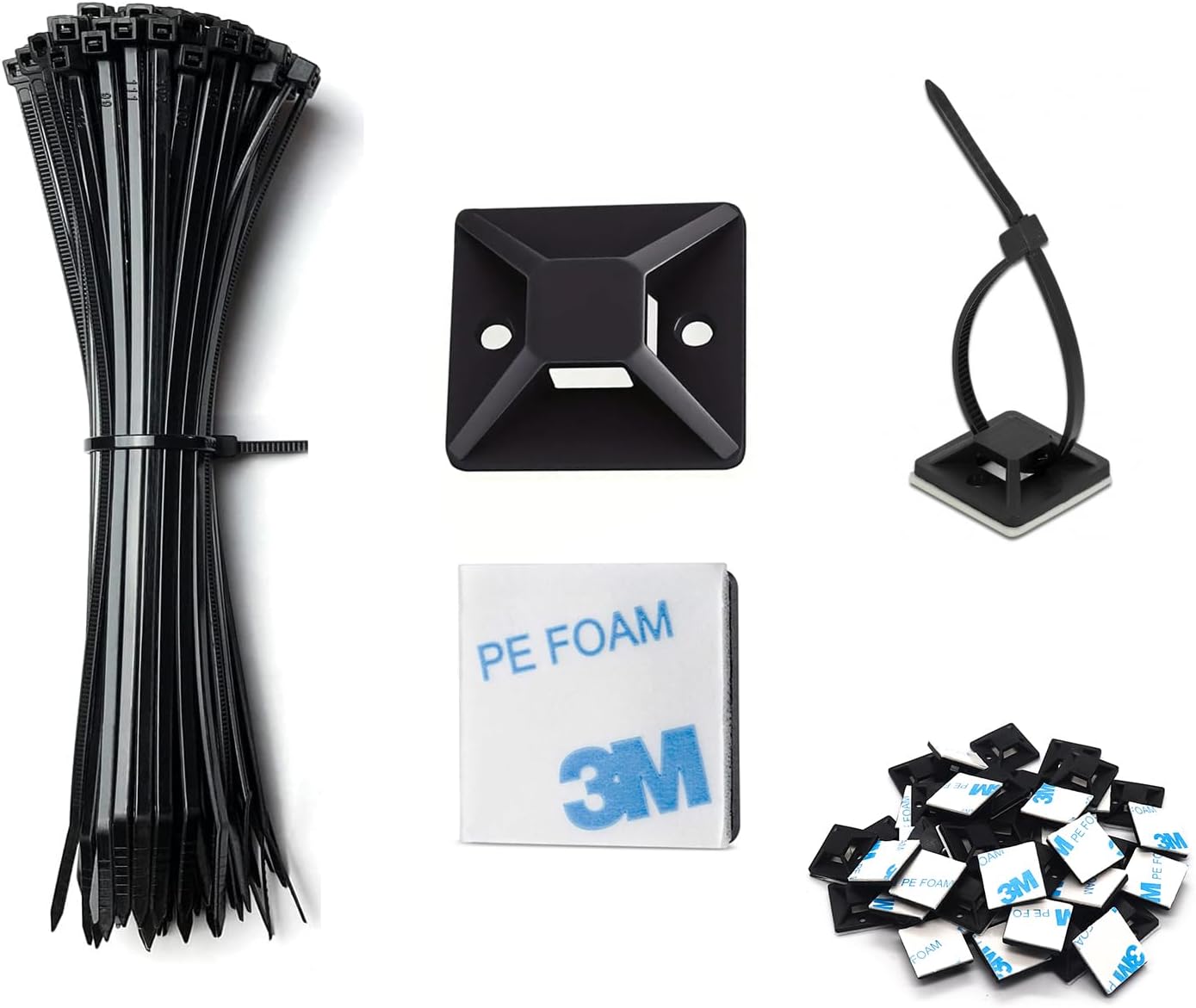 Cable Management Kit - 100 Set Adhesive Cable Zip Tie Mounts with 8" Zip Ties | UV Resistant Wire Organizers for Indoor/Outdoor Use-Black