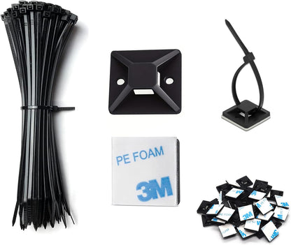 Cable Management Kit - 100 Set Adhesive Cable Zip Tie Mounts with 8" Zip Ties | UV Resistant Wire Organizers for Indoor/Outdoor Use-Black