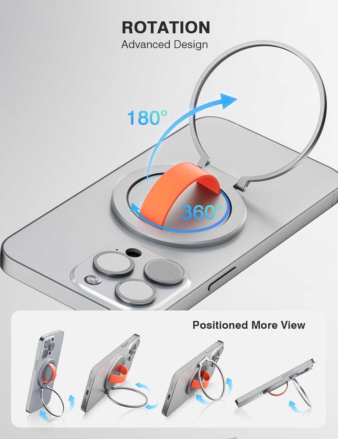 Grat 3 Magnetic Phone Grip Kickstand, [Durable Silicone Strap] 360° Rotatable Phone Loop Holder, Detachable Thin Ring Stand Compatible with Magsafe iPhone 16 15 14 13 12 Pro/max, Silver