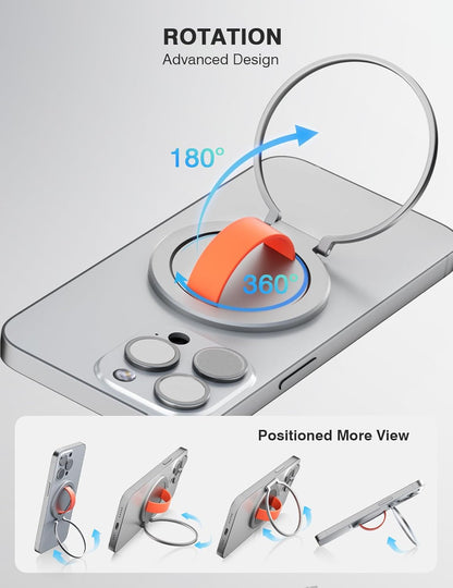 Grat 3 Magnetic Phone Grip Kickstand, [Durable Silicone Strap] 360° Rotatable Phone Loop Holder, Detachable Thin Ring Stand Compatible with Magsafe iPhone 16 15 14 13 12 Pro/max, Silver