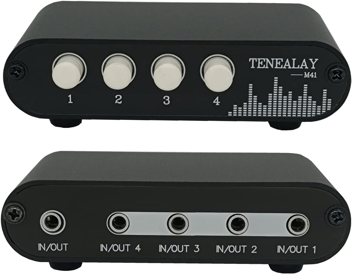 4 in 1 Out / 1 in 4 Out AUX 3.5mm Stereo Audio Input Signal Source Switcher, 4-Way Switch Selector Splitter Box M41