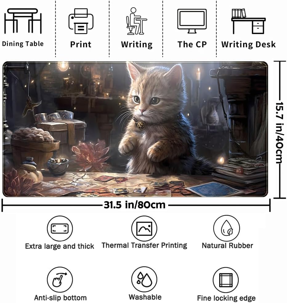 Lotus Cat XL Extended Large Gaming Mouse Pad - Black Magic Mystical Zone Gaming Desk Mat - Computer Laptop Keyboard and Mouse Mat Desktop Protector - 31.5 x 15.8 in