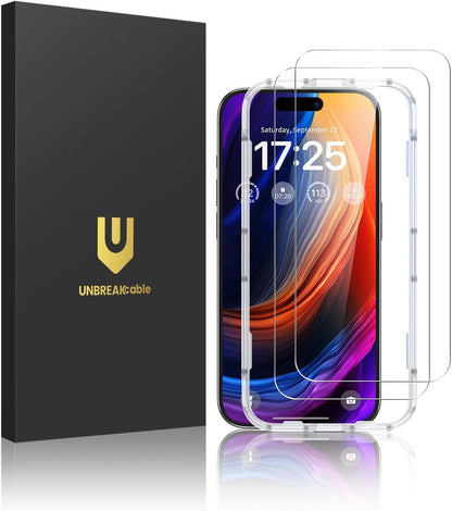 UNBREAKcable 2-Pack Screen Protector for iPhone 15 Pro, Double Shatterproof Tempered Glass [Easy Installation Frame] [9H Hardness] [99.99% HD Clear] [Case Friendly] for iPhone 6.1 inch
