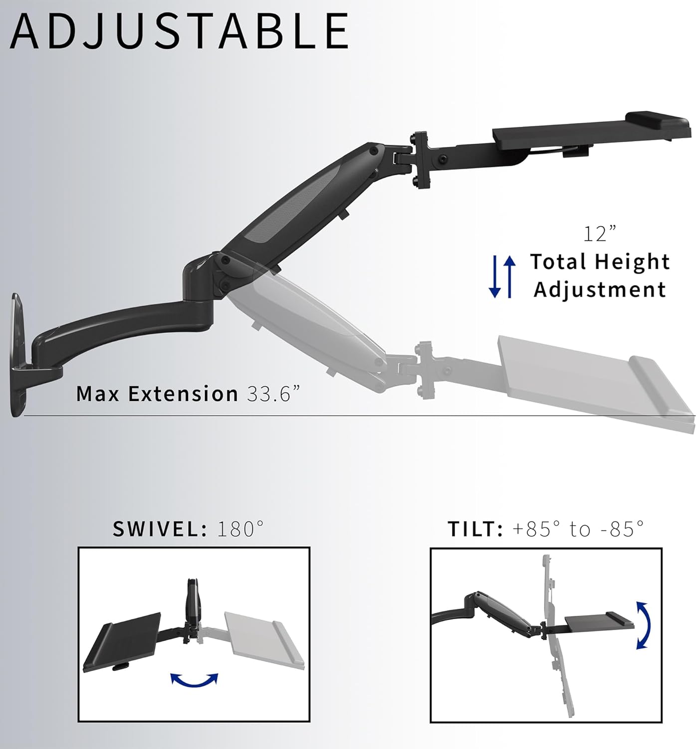 VIVO Sit-Stand 24 Inch Pneumatic Spring Keyboard and Mouse Tray Wall Mount, Counterbalance Height Adjustable Typing Platform, Ergonomic Tilt, Black, MOUNT-KB35B