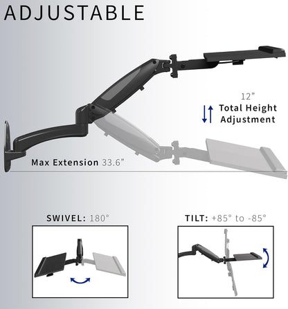 VIVO Sit-Stand 24 Inch Pneumatic Spring Keyboard and Mouse Tray Wall Mount, Counterbalance Height Adjustable Typing Platform, Ergonomic Tilt, Black, MOUNT-KB35B