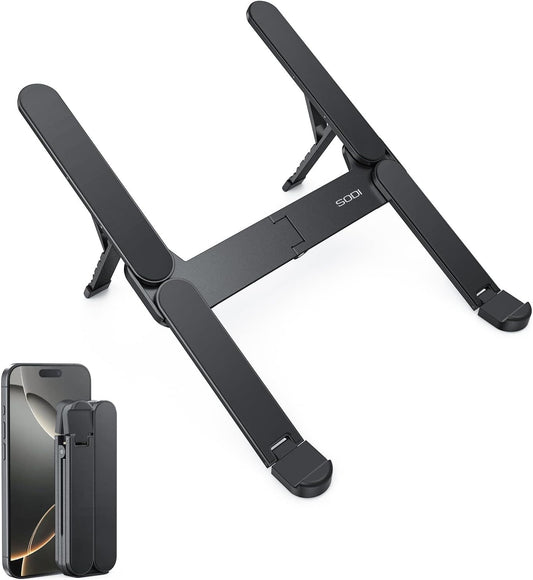 SODI Ultra Compact Foldable Laptop Stand - Portable Laptop Holder for Desk & Travel Use, Ergonomic Aluminum Computer Holder with Adjustable Height for MacBook, Tablet 10-16" (Dark Black, Bi-Fold)
