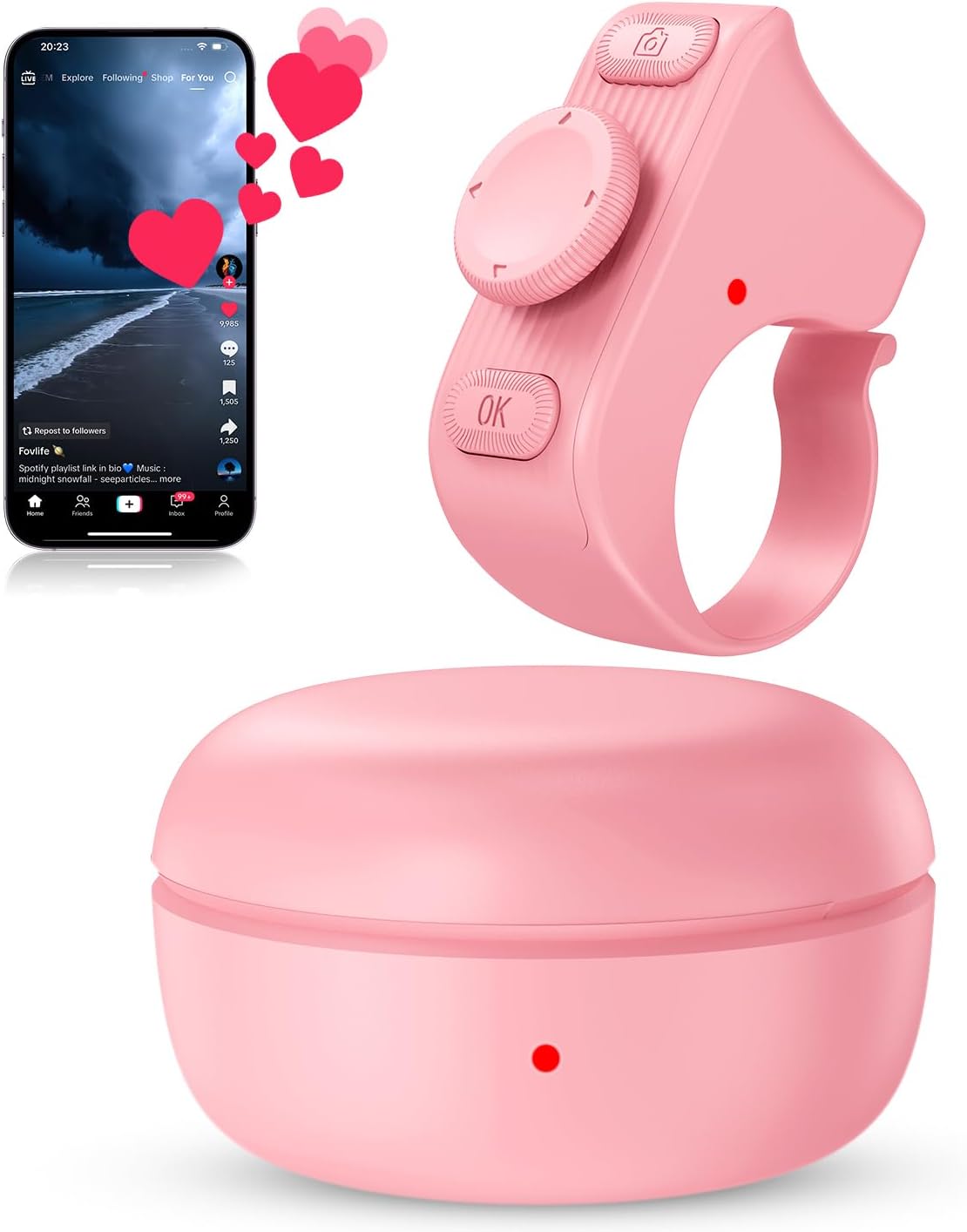 TikTok Scrolling Ring Remote Control, Camera Shutter Remote, Wireless Bluetooth Scrolling Ring for iPhone, iPad, iOS, Android - Pink