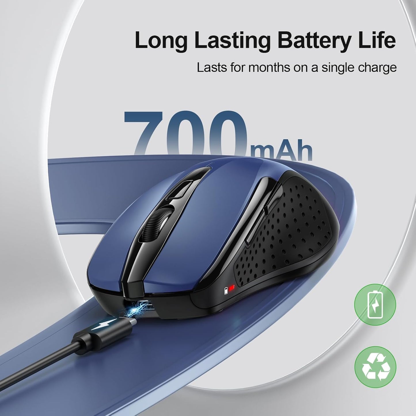 TECKNET Rechargeable Wireless Mouse, 2.4G Silent Mouse, Quiet Click, 6 Adjustable 4800 DPI, Cordless Computer Mice, Ergonomic Mice for Laptop, 6 Buttons USB-A for Chromebook, Ergo Grip - Blue