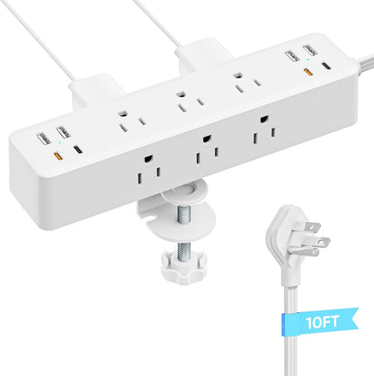 Flat Plug Desk Clamp Power Strip 10FT, 40W Total Fast Charging Station, 2 PD20W USB C Ports, Desk Edge Mount Power Strip 9 AC Outlets 8 USB Ports Surge Protector, Fit 1.7" Tabletop Edge, White