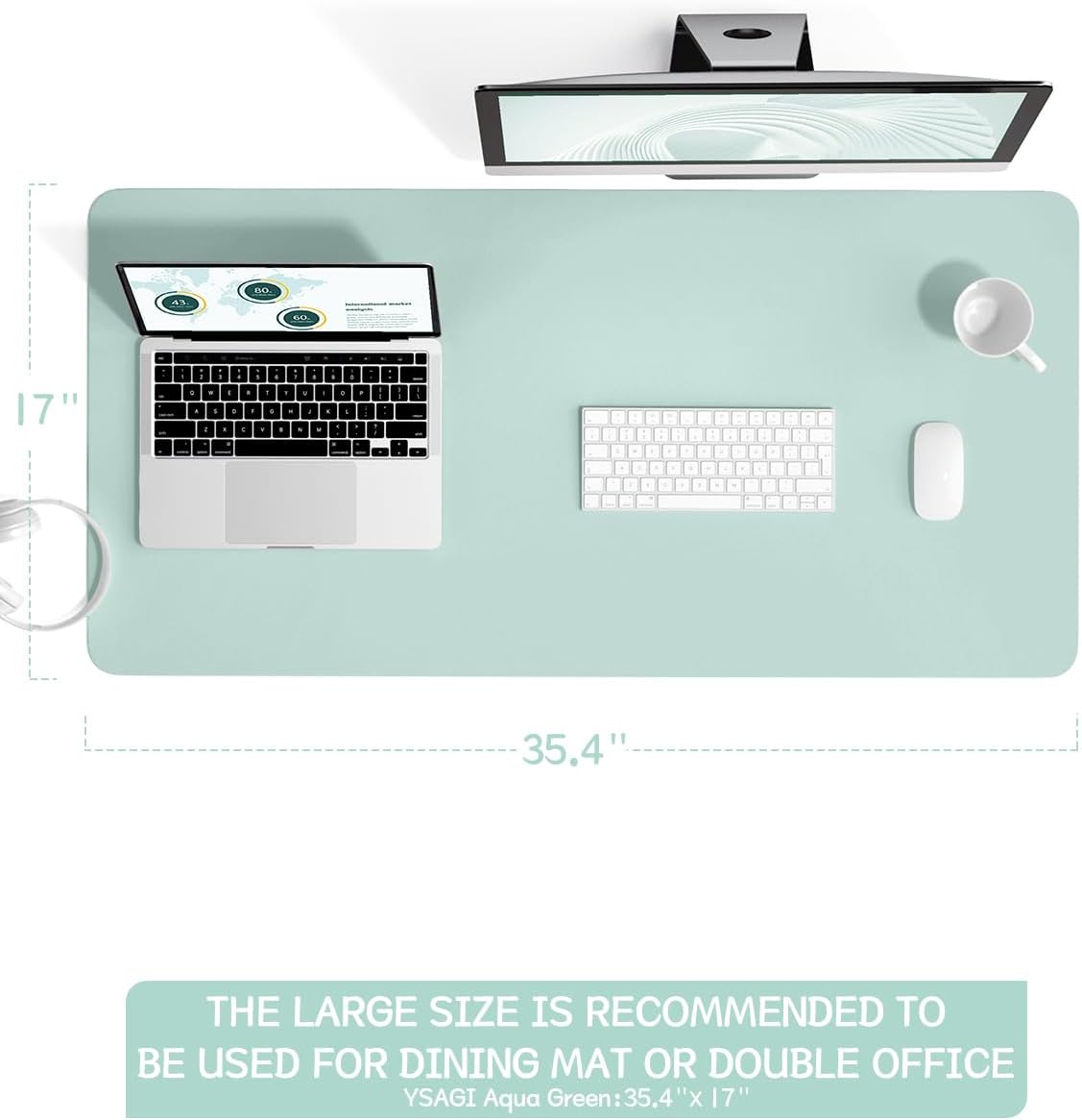 YSAGi Non-Slip Leather Desk Pad L Size, Waterproof Laptop Computer Desk Keyboard Mat, Table Protector Blotter Mat, Large Mouse Pad for Office/Work/Home/Decor(Mint Green, 35.4" x 17")