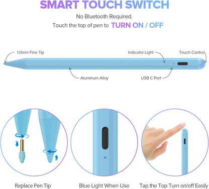 Stylus Pen for iPad with Palm Rejection, Active Pencil Compatible with (2018-2025) Apple iPad Pro (11"/12.9"/M4),iPad Air 3/4/5/M2/M3,iPad 6/7/8/9/10/11,iPad Mini 5/6 Gen(Blue)