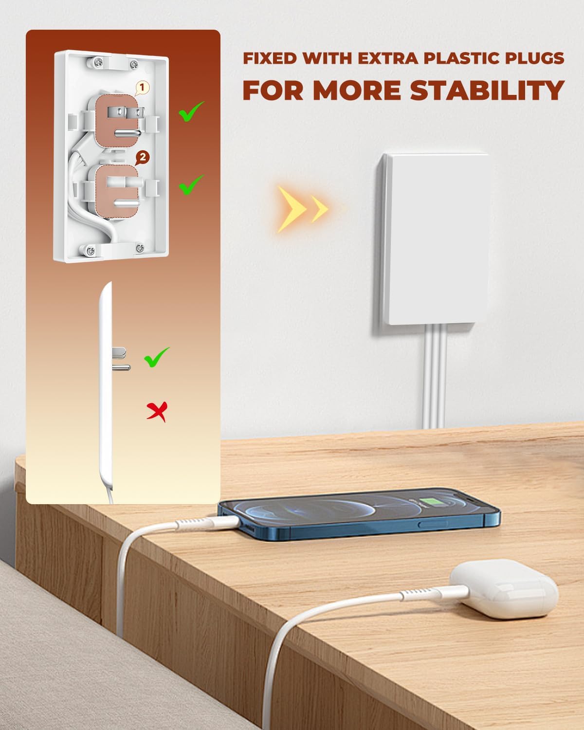 Saker Outlet Concealer Power Strip, 8ft Ultra-Thin Extension Cord with 3 Outlets,1625W, Low-Profile Flat Plug, Wall-Hugging Design for Home, Office, and TV Setup (8ft)