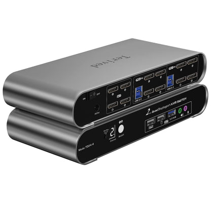 2 Port DP USB 3.0 Automatic KVM Switch Quad Monitor Two Computers Four DisplayPort Monitors, 8K@30Hz 4K@144Hz, Aluminum hotkey Audio Microphone, Digital Display, HDR10 with Cables
