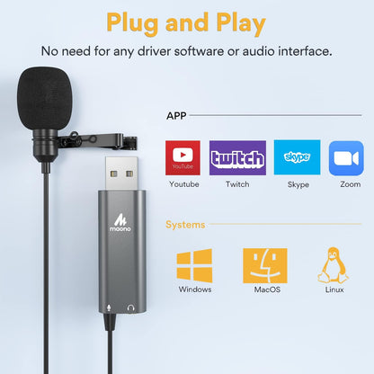 MAONO USB Lavalier Microphone with Headphones Jack, Omnidirectional Computer Lapel Clip Mic for Recording, Gaming, Streaming, Podcasting, YouTube, Skype, PC, Laptop, Mac, AU-UL20
