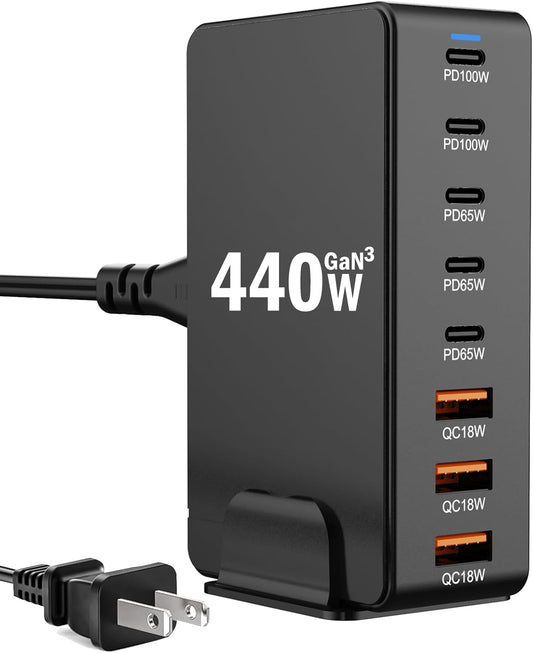 USB C Charger Block Charging Station 440W GAN3, 100W Laptop Charger Multi Port Charging Station 8 Port Hub Brick Compatible with Laptops, MacBook, iPhone, iPad, Samsung, Google, Watch, Earbuds etc