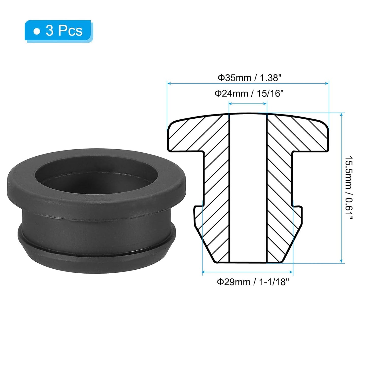PATIKIL 29mm / 1-1/18 Inch Drill Hole,15/16 Inch ID Rubber Grommets, 3Pcs Top Hat Grommet for Wiring Eyelet Ring Gasket Automotive Firewall Cable Hole Plugs Wires Protection, Black