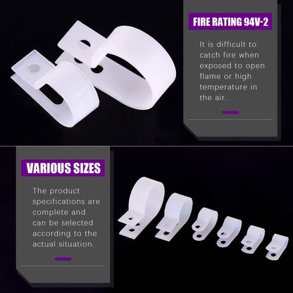 Swpeet 135 Pack 6 Sizes White Nylon Plastic R-Type Cable Clips Clamp Assortment Kit, 1/4" 5/16" 3/8" 1/2" 3/4" 1" Nylon Screw Mounting Cord Fastener Clips with 135 Pack Screws for Wire Management