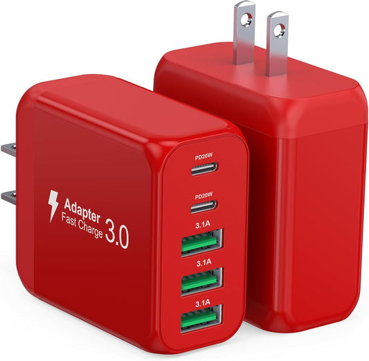 50W USB C Wall Charger, 2Pack 5-Port C Charger Fast Charging Block PD Power Adapter +QC 3.0 Multiport Type C Box Brick Cube USB A Wall Plug for iPhone 16/15/14/13 Pro Max, iPad,Samsung Galaxy(Red)