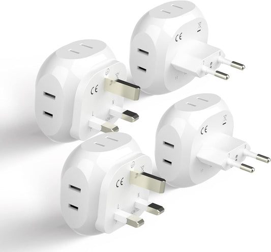 Ceptics Europe Travel Adapter Plug Set Schuko - 4 Input - Ultra Compact - Light Weight Type C, Type G - USA to Any Type C, G Countries UK, Ireland, Germany, France - 4 Pack (PT-9C-7-4PK),White