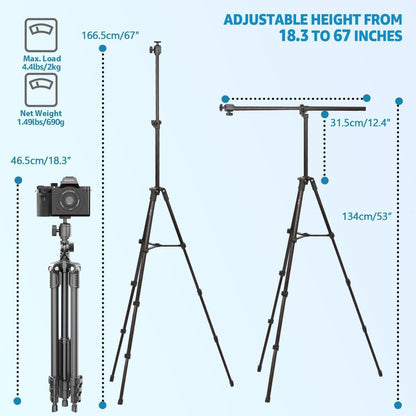 Phone Tripod, Arsoer 67" Adjustable Height Tripod with Horizontal Column and Removable Clip Mount for Overhead Shot, 360° Rotation Stand with Wireless Remote/Carry Bag for iPhone/Webcam