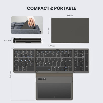 Foldable Bluetooth Keyboard with Large Touchpad, Numeric Keypad, PU Leather, Wireless Travel Keyboard for Windows, iOS, Android, Mac (Grey)