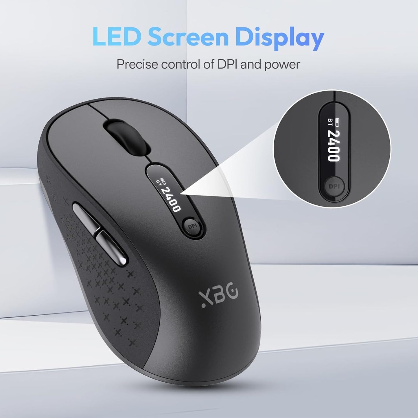 XBG B15pro Wireless Bluetooth Mouse, Bluetooth 5.0/4.0 & 2.4G Tri-Mode, Type-C Rechargeable with LED Screen Display, Ergonomic Silent Click for Laptop/PC/Tablet, Multi-Device & Office Use