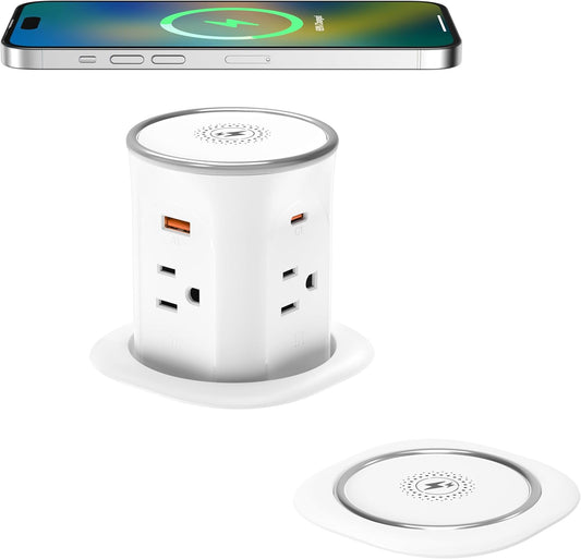 Jgstkcity Pop Up Outlet for Countertop 3.15-inch Desk Wire Hole Insert,9-in-1 Power Strip with 15W Wireless Charger,4 Outlets 4 USB Ports,15Amp Tamper Resistant Receptacle, ETL Listed