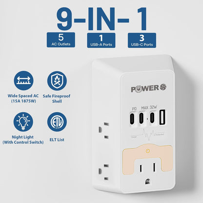 20W PD Fast Charging Wall Outlet with USB Ports (3C1A), Electrical Outlet Extender with Night Light, Surge Protector, Wall Plug Adapter for Multiple Devices, Wall Socket Expander