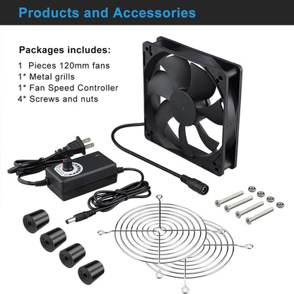 Wathai 120mm x 25mm AC Powered Computer Fan with AC Plug 110V 120V 220V 240V Variable Speed Controller 3V to 12V, for Biltong Box Greenhouse Receiver Amplifier Xbox DVR PlayStation Component Cooling