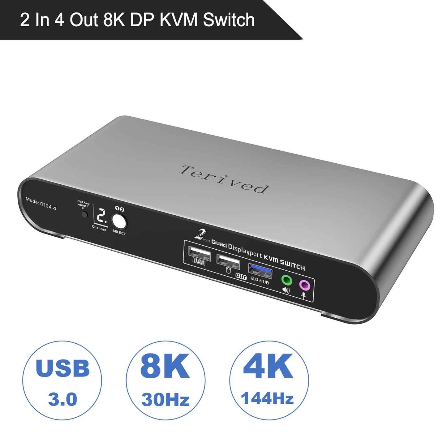 2 Port DP USB 3.0 Automatic KVM Switch Quad Monitor Two Computers Four DisplayPort Monitors, 8K@30Hz 4K@144Hz, Aluminum hotkey Audio Microphone, Digital Display, HDR10 with Cables