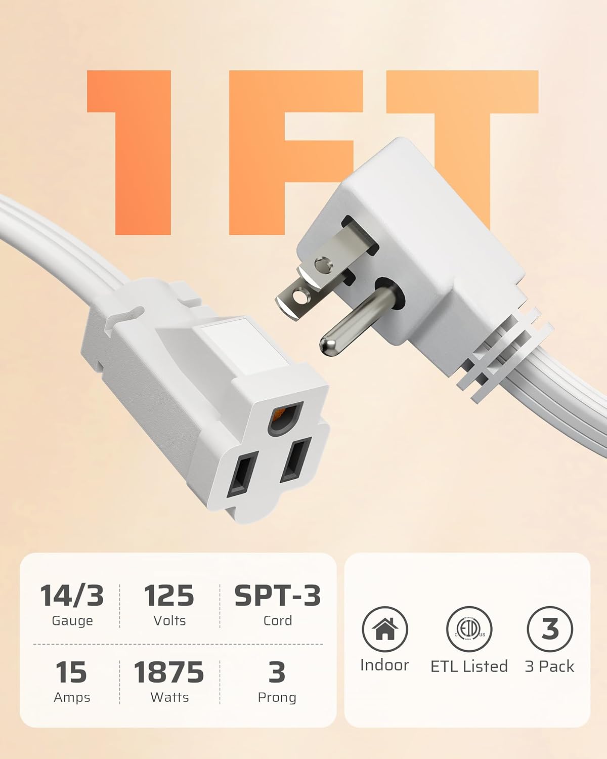 DEWENWILS Heavy Duty 1 Ft Extension Cord with 3-Prong Flat Plug, 15A/1875W 14/3 SPT-3 Flat Wire, Space-Saving for Home Office Appliances & Electronics, ETL Certified, 3-Pack (White)