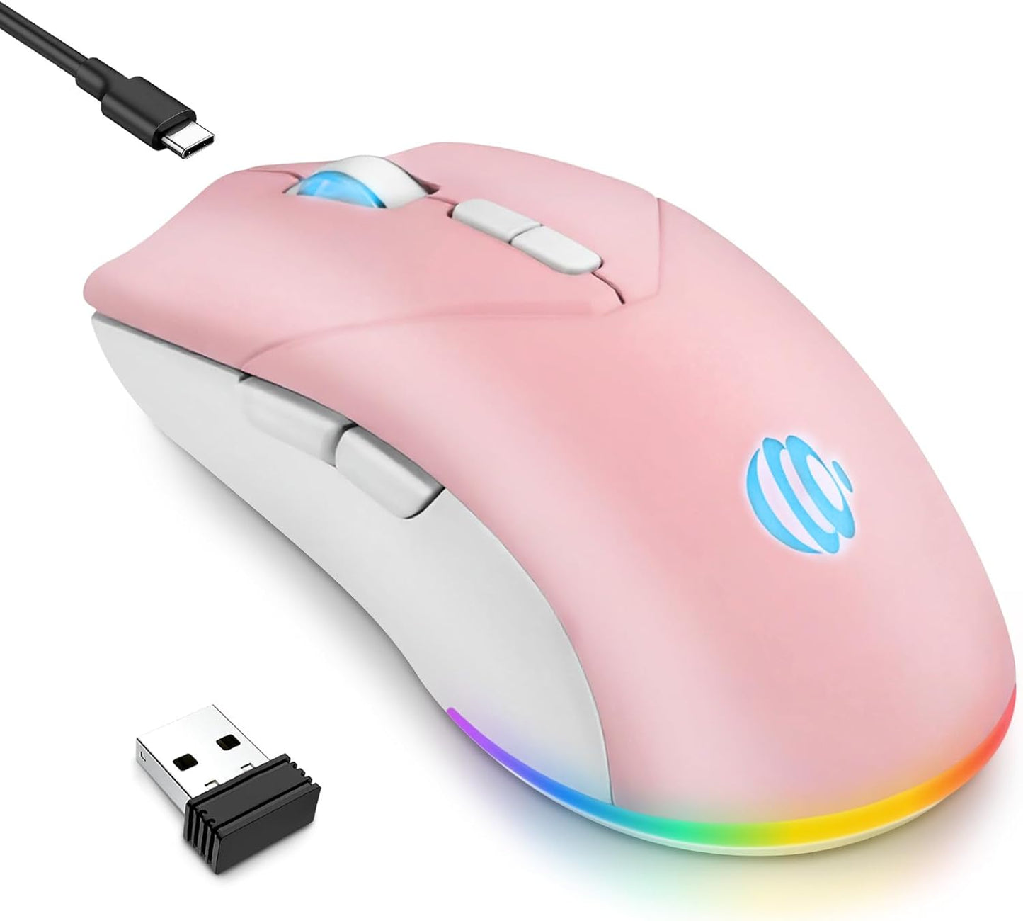 Wireless Bluetooth Mouse, 2.4G and Bluetooth 5.2 Ergonomic Rechargeable USB Optical Mouse, 3 Adjustment DPI， 1600 DPI Dual Mode Silent Wireless Mouse for Mac，Laptop, PC, Windows. (Pink)