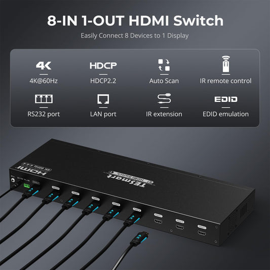 TESmart 8×1 HDMI Switch 8 in 1 Out 4K @ 60Hz HDCP with 19-inch Rack-Ears | RS-232 / LAN Control | IR Remote Control and Auto Switch | Auto Scan Time Interval - Black