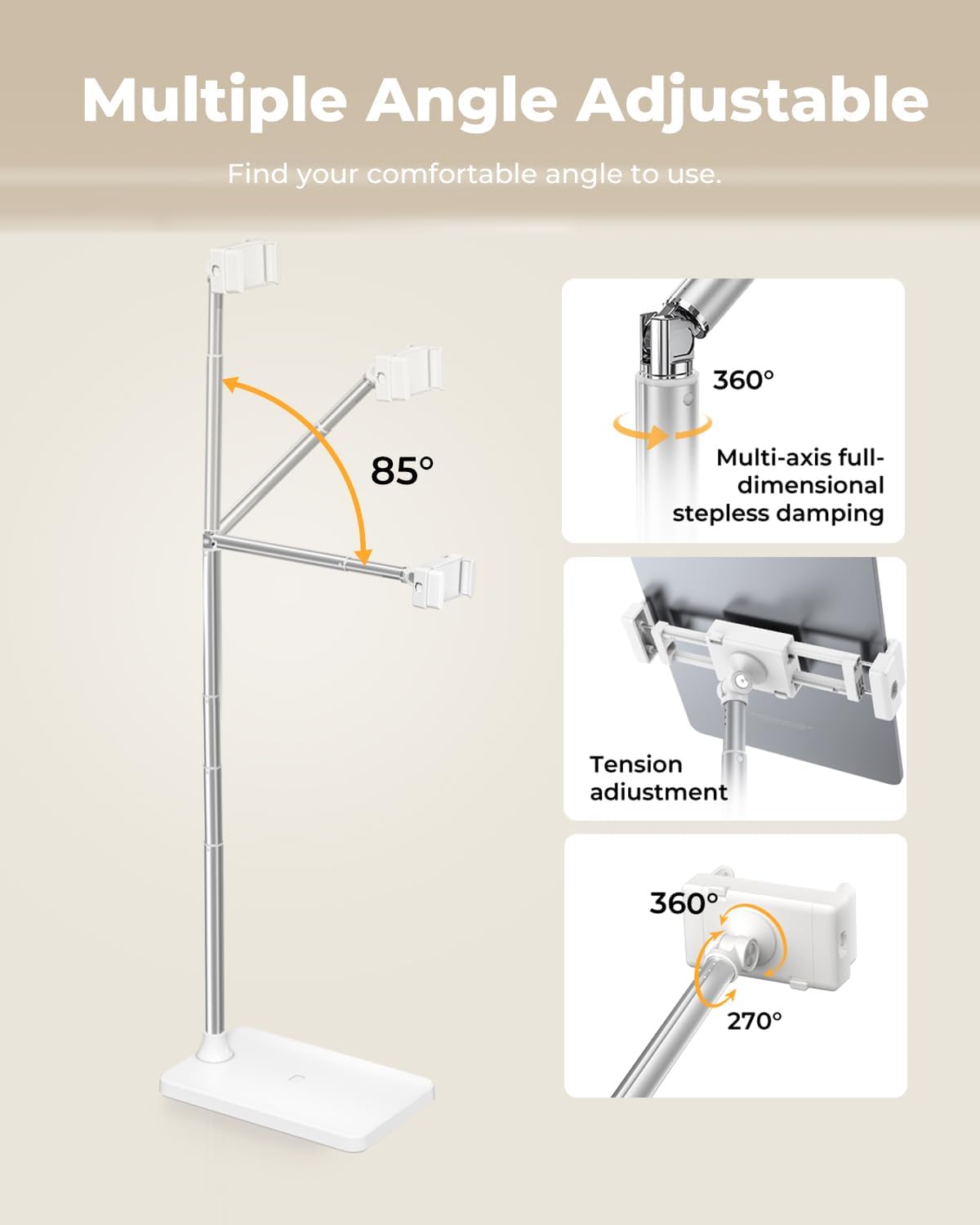 Extended Tablet Floor Stand, 360 Rotating Adjustable iPad Floor Holder with Long Flexible Arm, Compatible with 4-13" Devices, Stand for Bedside, Sofaside, Table, Desk (White)
