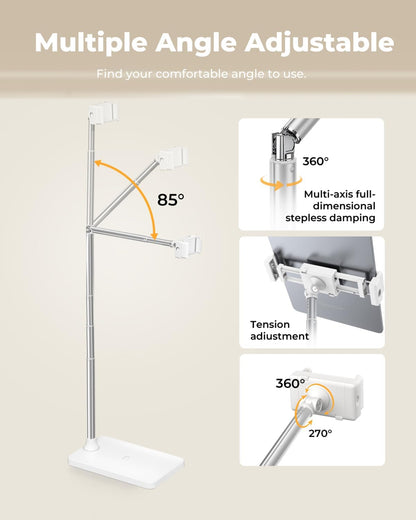 Extended Tablet Floor Stand, 360 Rotating Adjustable iPad Floor Holder with Long Flexible Arm, Compatible with 4-13" Devices, Stand for Bedside, Sofaside, Table, Desk (White)