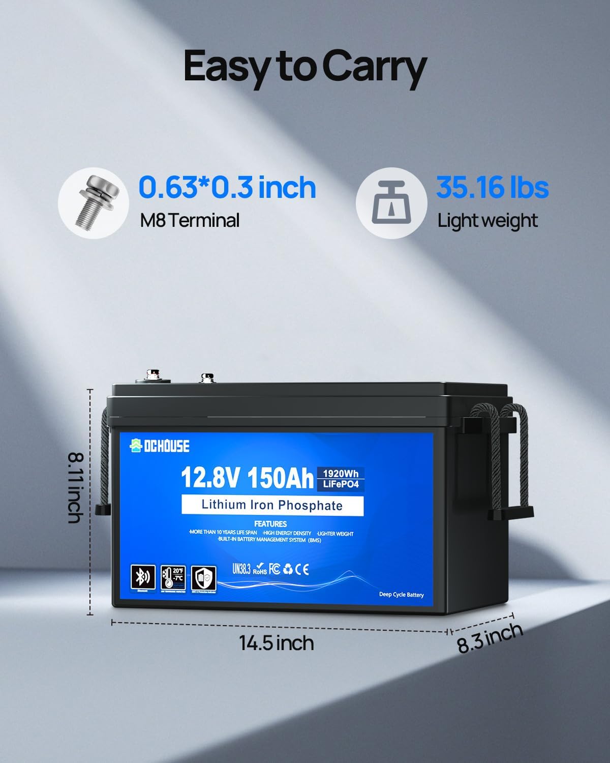 DC HOUSE 12V 150Ah LiFePO4 Lithium Battery with SOC Status Indicators, Bluetooth & Low Temp Cut-off, 12V Lithium Battery up to 15000 Cycles, 120A BMS Perfect for Trolling Motors, Marine, Boat, Solar