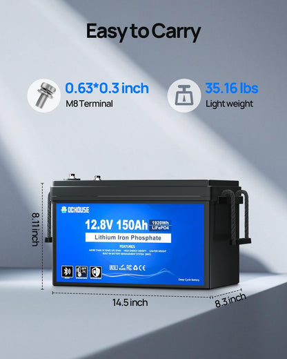 DC HOUSE 12V 150Ah LiFePO4 Lithium Battery with SOC Status Indicators, Bluetooth & Low Temp Cut-off, 12V Lithium Battery up to 15000 Cycles, 120A BMS Perfect for Trolling Motors, Marine, Boat, Solar