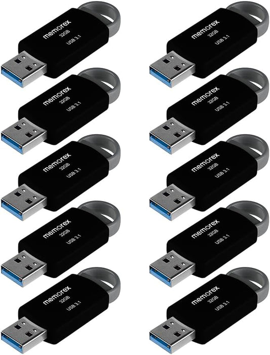 32GB Memorex USB 3.1 Flash Drive – Transfer Speeds Up to 10x Faster Than USB 2.0, Latest USB 3.1 Gen 1 Technology, Lightweight Design, for Daily File Management, Type-A Connector, 10-Pack