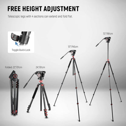 NEEWER 72" Fluid Head Video Tripod Monopod, Aluminum Alloy QR Plate Compatible with DJI RS Gimbal, 360° Pan & +90°/-70° Tilt for DSLR Camera Camcorder, Max Load 13.2lb/6kg, TP72A