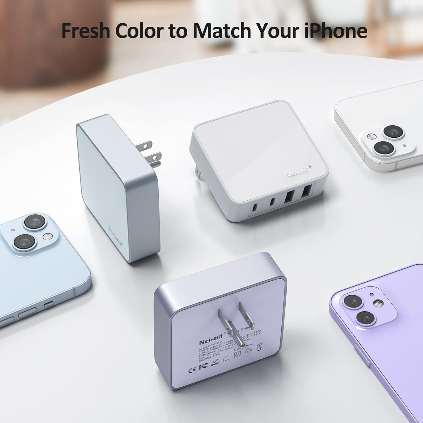 Nekmit USB C Charger, Thin Flat 52W 4-Port Fast Wall Charger with Two 20W Power Delivery and 2 USB Port for iPhone 14/14 Pro/14 Pro Max, Galaxy, Pixel, iPad Pro, AirPods Pro and More, Purple