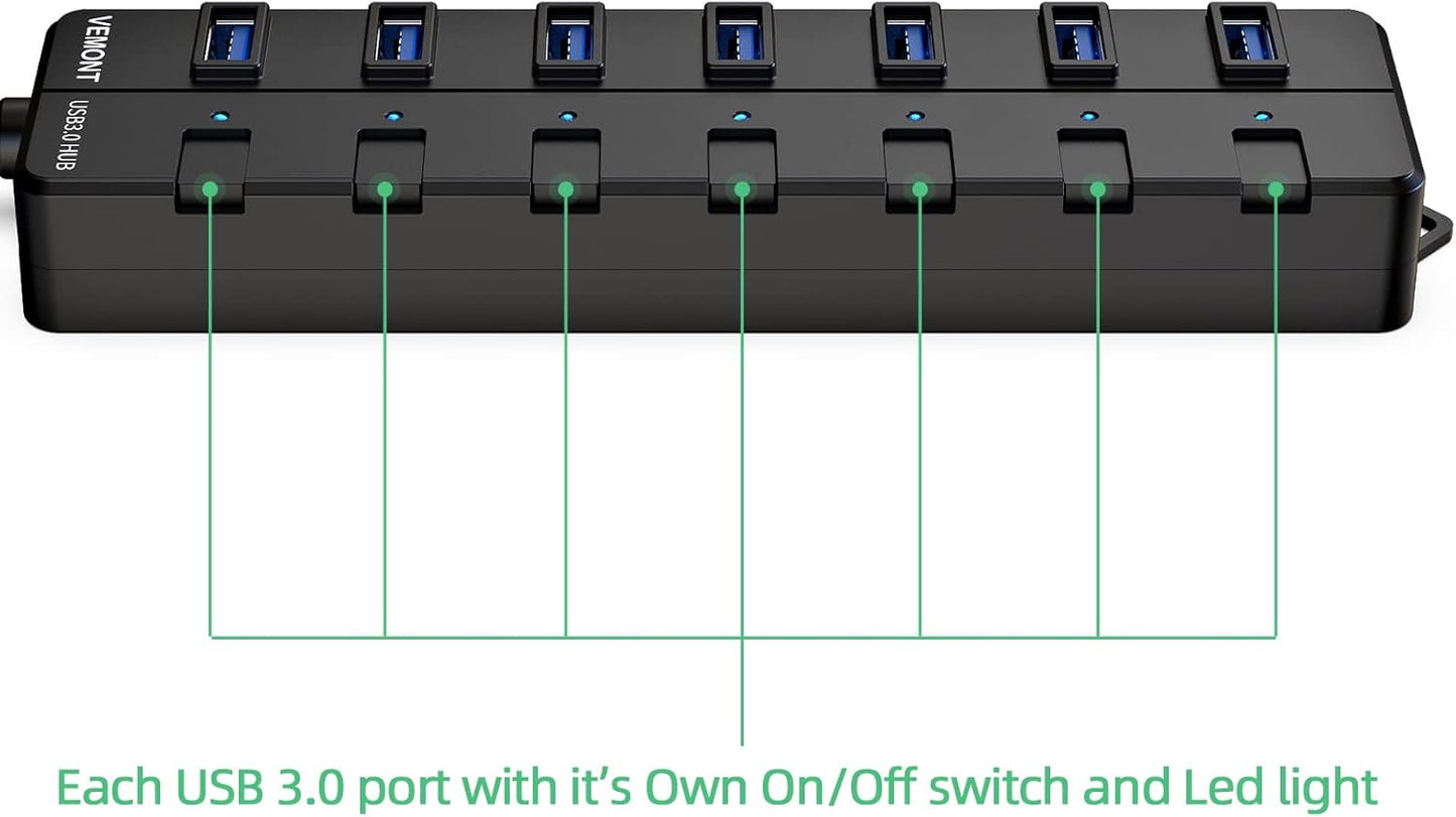VEMONT USB hub,Computer Peripheral Equipment 7-Port USB 3.0 hub with 5V2A Power Adapter and Individual On/Off Switches,USB Charging hub 4ft/1.2m Long Cable